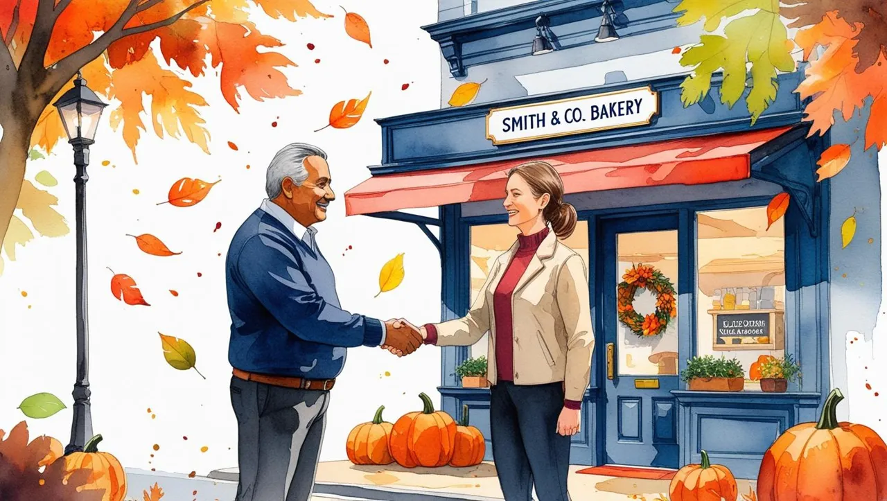 Two business owners shake hands outside a small Missouri bakery decorated for fall with pumpkins and autumn leaves, symbolizing a smooth transition and legacy protection. Business succession planning in Missouri ensures stability for small businesses and their communities.