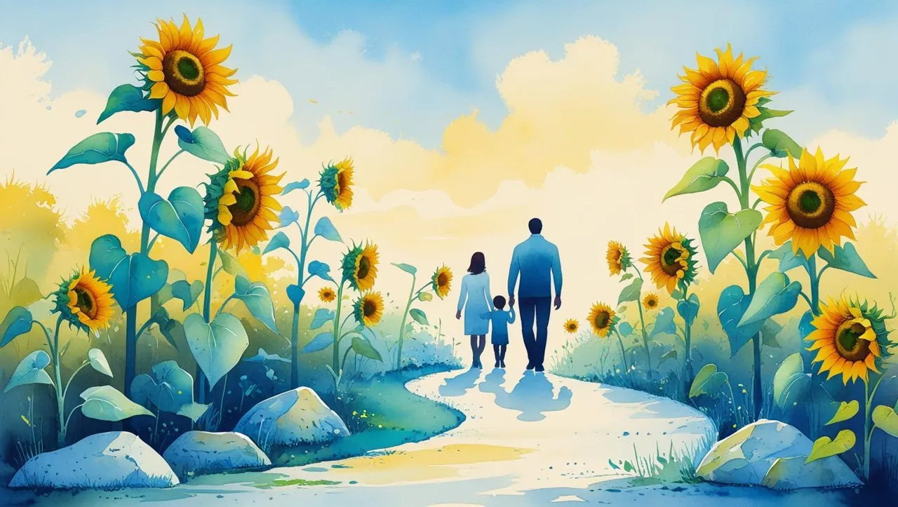 naming a guardian for your kids. Family walking down a path with sunflowers beside the path.
