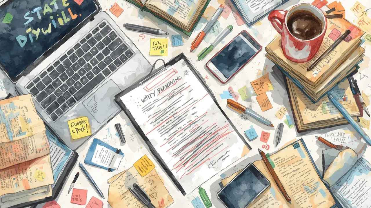 A cluttered desk filled with books, notes, sticky reminders, pens, a laptop showing “State DIY Will,” and a messy estate planning document. The chaotic scene highlights the risks and confusion of do-it-yourself wills. Are DIY wills legal in Missouri?
