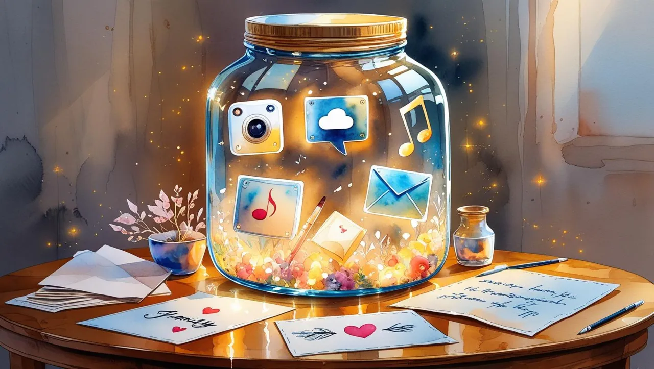A glowing jar filled with digital icons such as photos, cloud storage, music, and email, symbolizing memories and online assets preserved for the future. Digital legacy estate planning in Missouri.