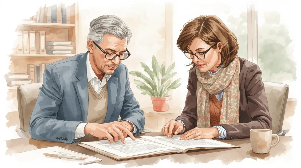 A watercolor illustration of a middle-aged couple sitting together at a desk, reviewing legal documents. The man has short, graying hair and glasses, wearing a sweater, while the woman has shoulder-length hair and is wearing a scarf. Both are leaning slightly forward, focused on the papers in front of them. The desk features an open folder with visible documents, a pen, and a coffee mug, all painted with soft, flowing watercolor strokes. The background includes a softly blurred bookshelf, a potted plant, and a window with natural light streaming in, creating a warm and inviting atmosphere.