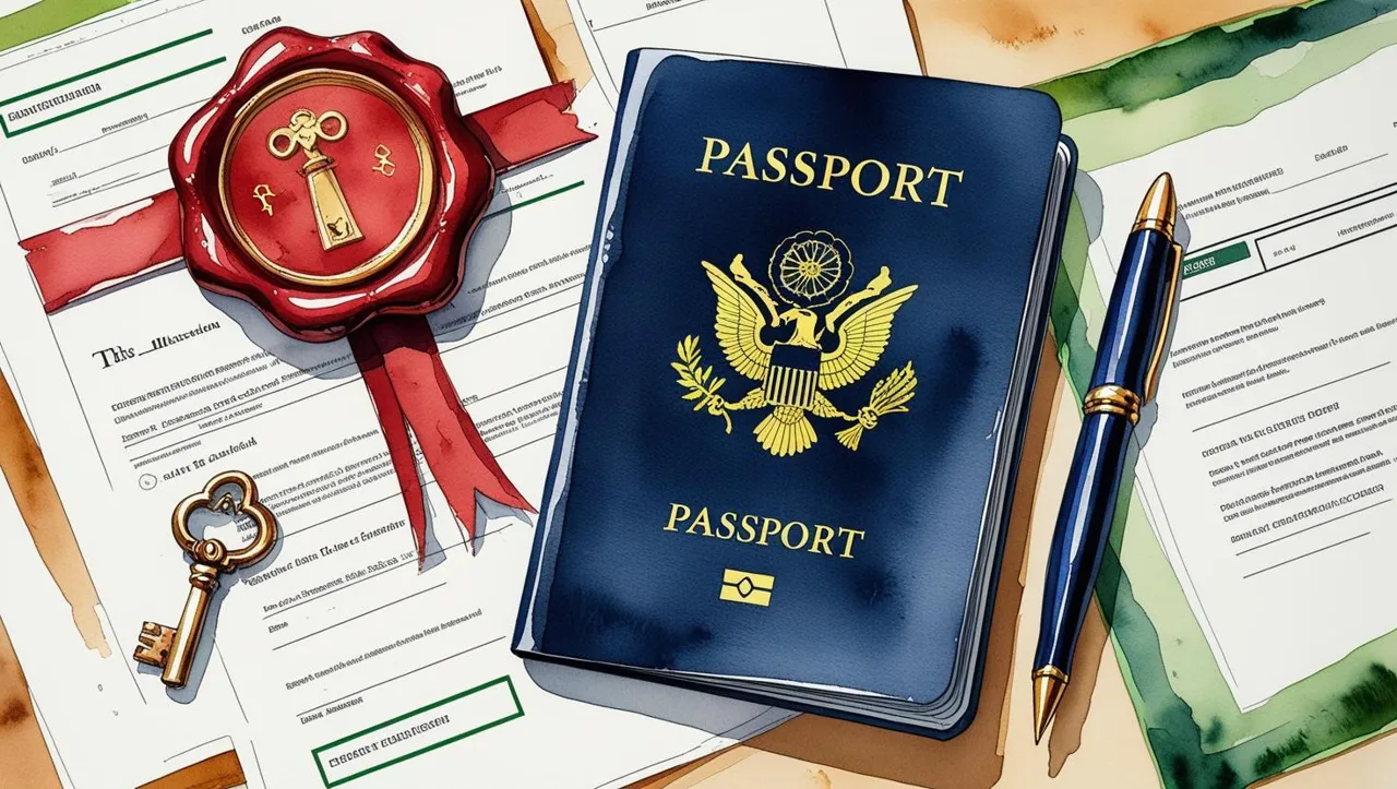 Watercolor illustration of a table spread with a navy blue passport, property deeds, legal documents, a crimson red wax seal, a pen, and a key. The design includes earthy green accents, symbolizing international estate planning and global connections.