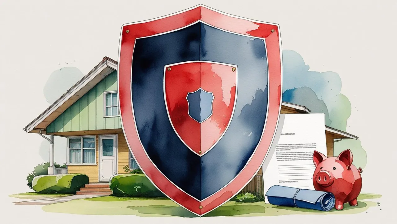 A watercolor illustration of a large shield in navy blue and crimson red, symbolizing protection. Behind the shield are a 1950s-style house in soft greens and warm browns, a crimson red piggy bank representing savings, and a rolled-up legal document in navy blue, symbolizing estate planning. The design features soft, blended edges and a light off-white background, evoking a sense of security, warmth, and approachability.