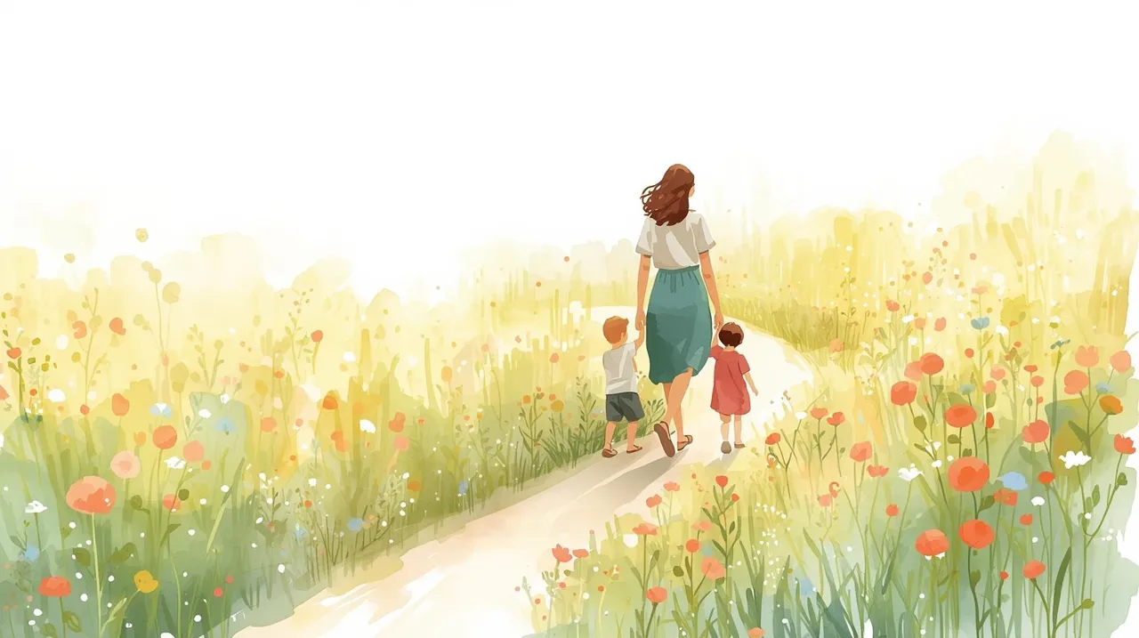 A mother walks along a sunlit path through a field of wildflowers holding hands with her two young children, symbolizing a new chapter and protecting her family after divorce. Estate plan after divorce Missouri.