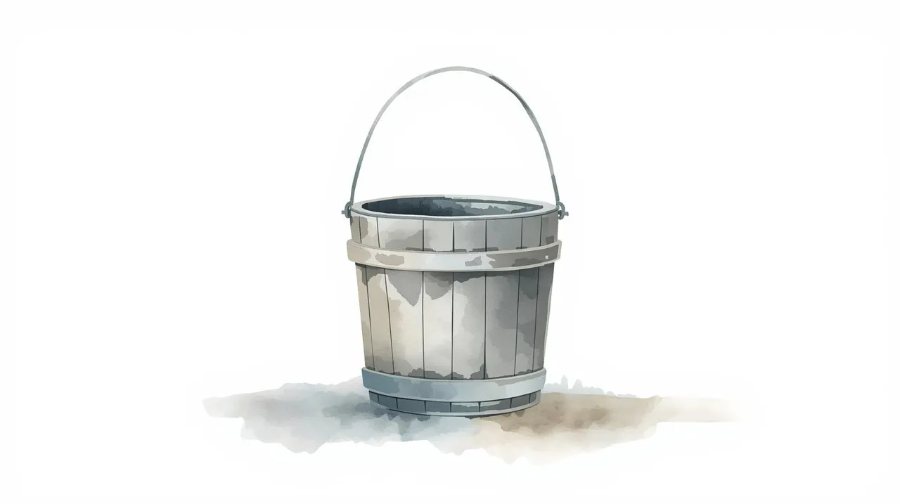 A watercolor illustration of an empty wooden bucket representing an unfunded or outdated trust. Revocable trust update in Missouri.