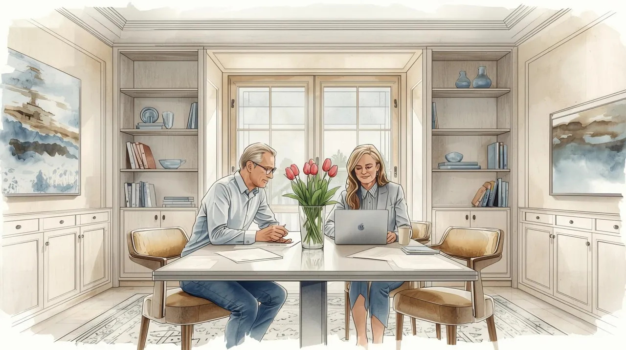 A couple reviews financial statements and a laptop at home, representing the connection between financial organization and long-term planning decisions. A couple reviews financial statements and a laptop at home, representing the connection between financial organization and long-term planning decisions. Estate planning and taxes.