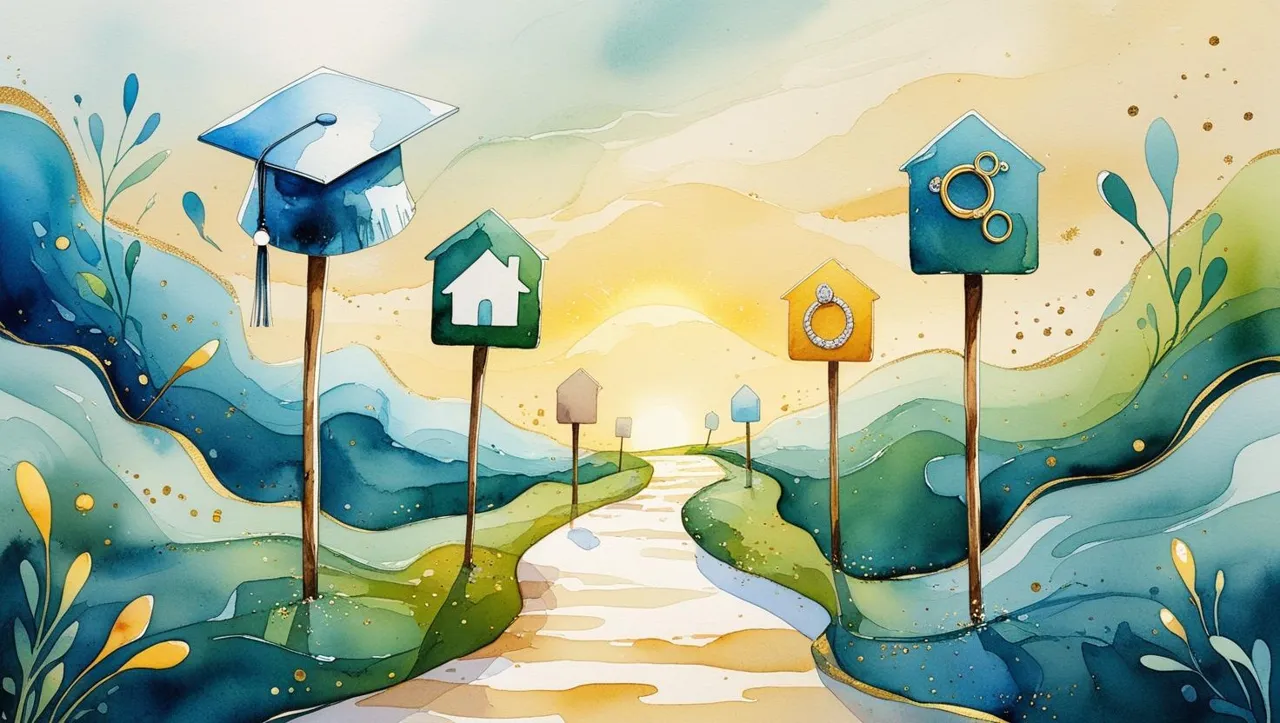 Illustration of a winding path marked with milestones such as graduation, home ownership, and marriage, symbolizing milestone-based inheritance plans and how assets can be distributed over life events.