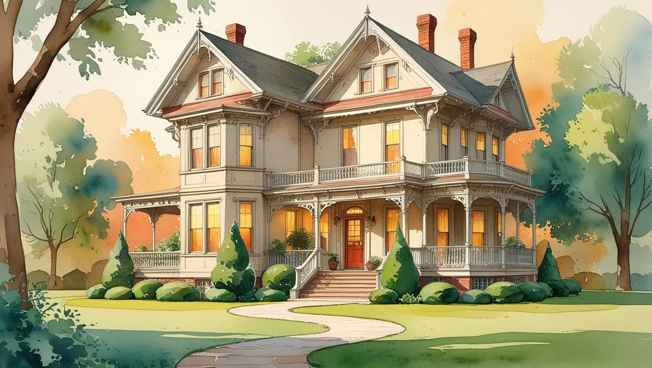 multigenerational estate planning. Watercolor illustration of a large, multi-story Victorian house with intricate architectural details, including gables, bay windows, and a wraparound porch. The house is surrounded by soft greenery, such as trees and bushes, with warm light glowing from the windows and a small path leading to the front door. The illustration uses soft, flowing watercolor textures in earthy tones, greens, and warm yellows, evoking a nostalgic, inviting, and family-oriented atmosphere that symbolizes multigenerational living.