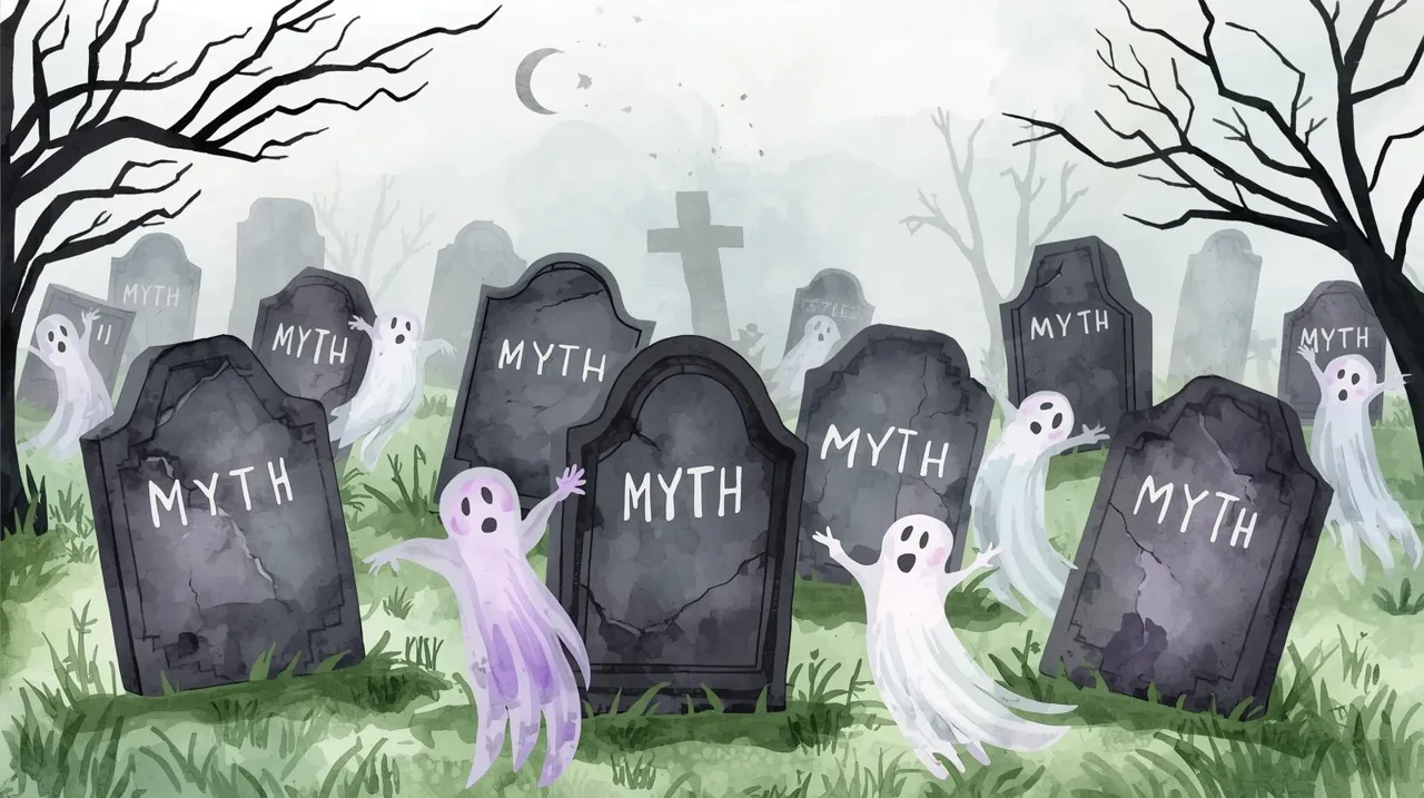 A spooky watercolor graveyard scene with cracked tombstones labeled “MYTH” and friendly cartoon ghosts floating among them on a foggy night. Estate planning myths.