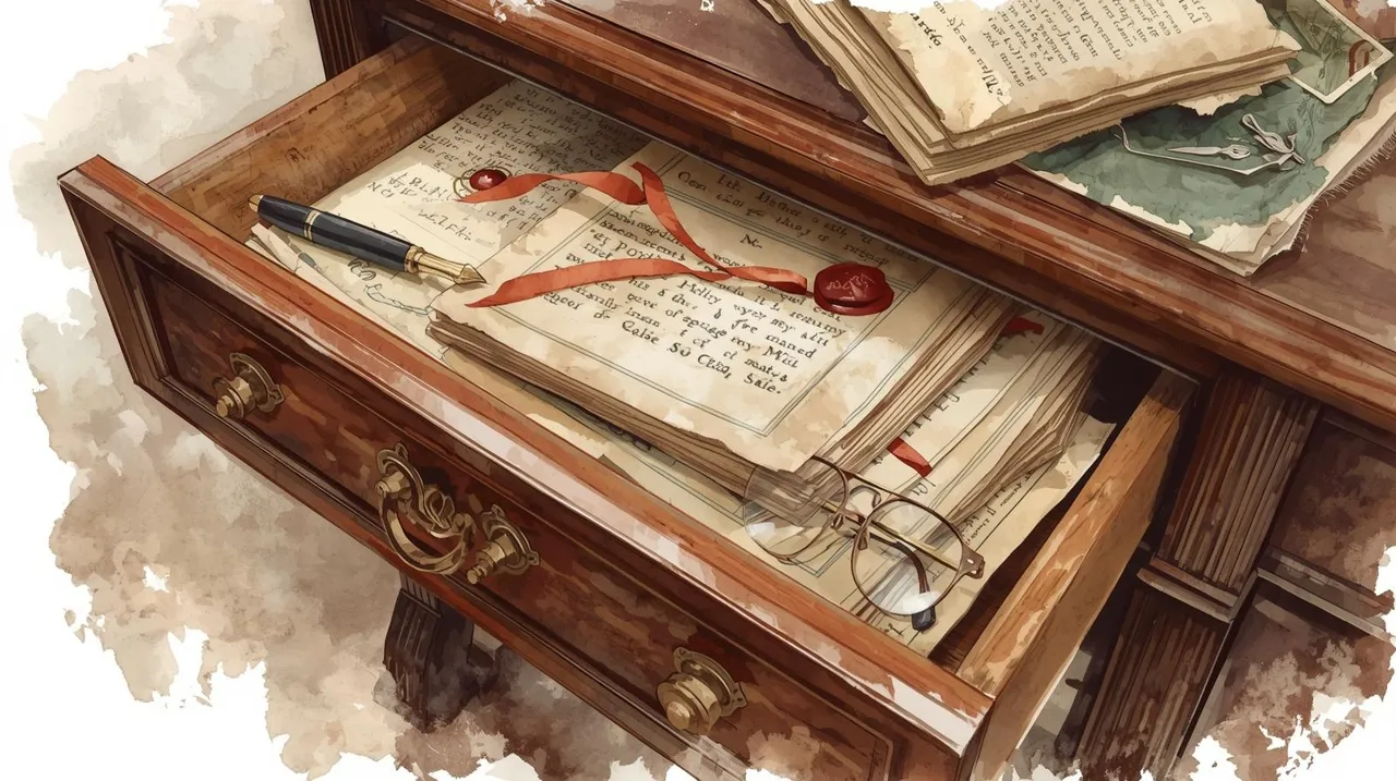 A watercolor illustration of an antique wooden desk drawer filled with old legal documents, sealed with red wax ribbons, a fountain pen, and reading glasses resting on top — symbolizing forgotten or outdated estate plans kept in storage. Outdated plan.