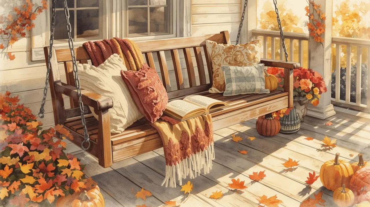 A cozy wooden porch swing decorated with fall pillows and a blanket, surrounded by pumpkins, autumn leaves, and vibrant seasonal flowers on a sunny autumn day. How to create a charitable trust in Missouri.