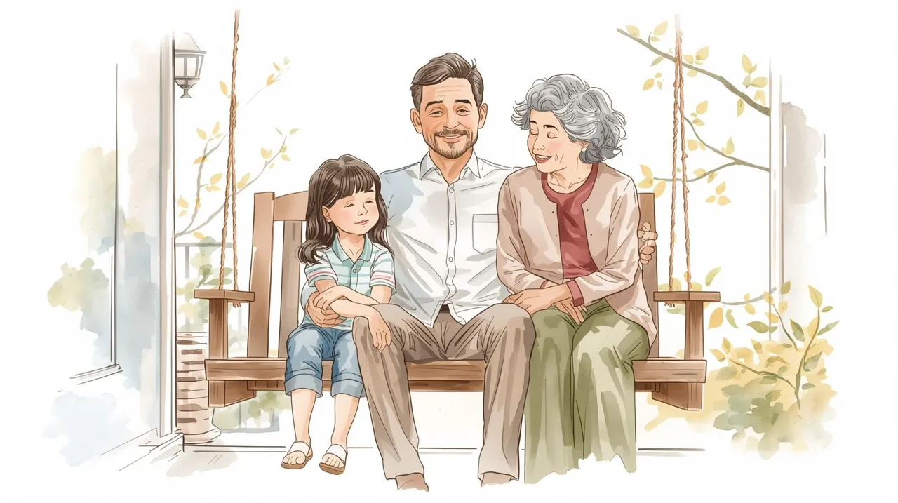 A father sits with his child and aging mother on a porch swing, symbolizing the responsibilities of caring for multiple generations and planning for the future. Elder law planning.