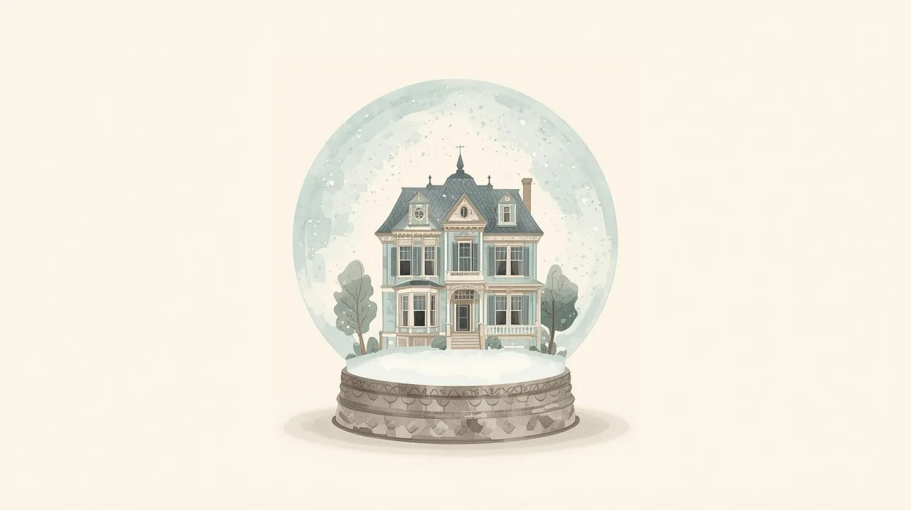 Watercolor illustration of a Victorian style home inside a glass snow globe with trees and falling snow, symbolizing protection and preservation of a family residence. Missouri Medicaid Planning 2026.