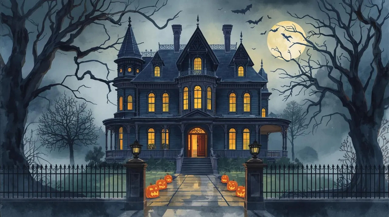 Watercolor illustration of a spooky Victorian mansion at night, with glowing windows, carved pumpkins lining the walkway, leafless trees, iron fencing, and bats flying in front of a full moon. The atmosphere is eerie and Halloween-themed. Estate planning mistakes.