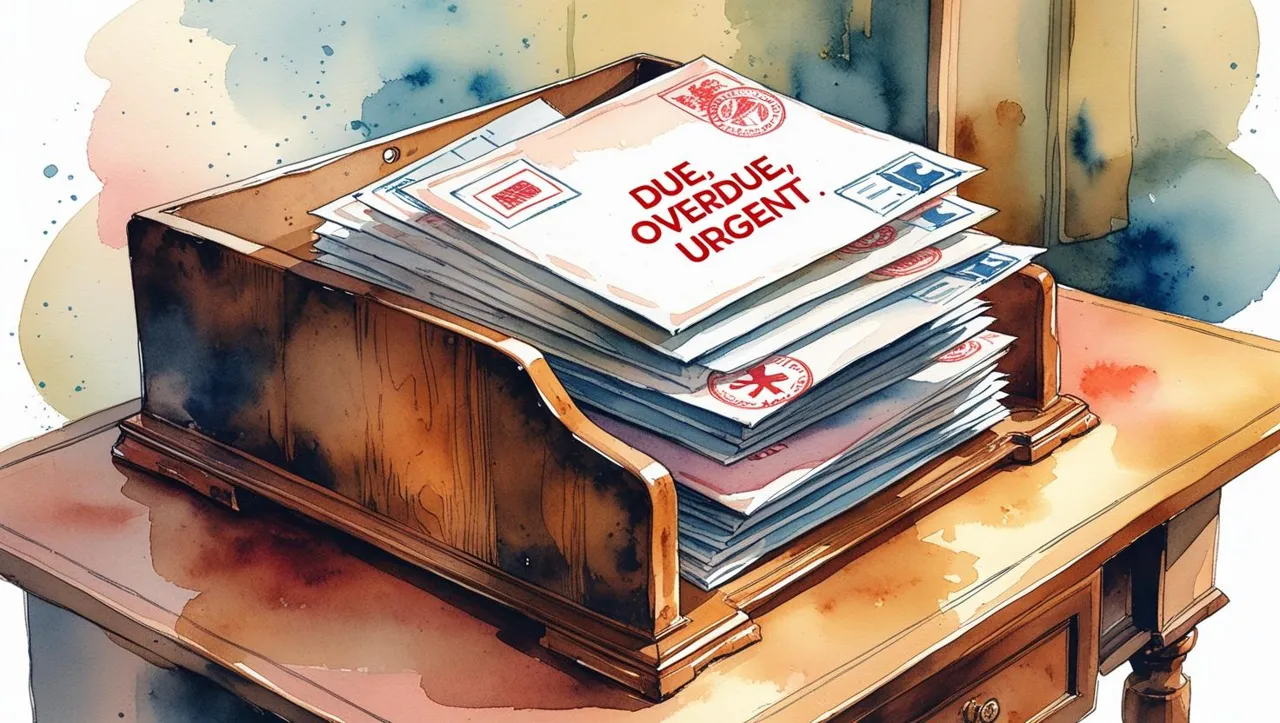 A stack of overdue bills and debt notices sitting in a wooden organizer, symbolizing financial obligations left behind after death. Debt in estate planning Missouri.